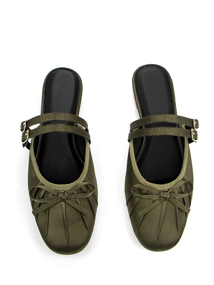 2025 Autumn Women's Elegant Chic Thin Strap Buckle Bow Decor Military Green Satin Comfortable Square Toe Slip-On Flat Mules | SHEIN