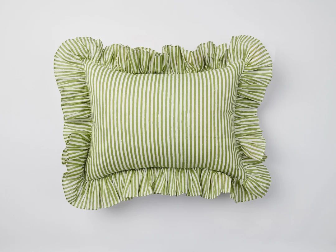 Sage Green Stripe Ruffle Blockprint Mini Cushion - Etsy | Etsy (US)