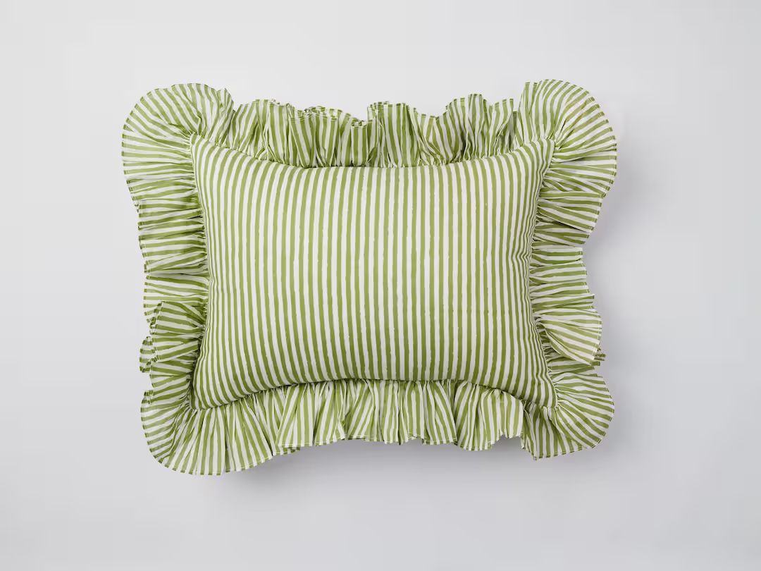 Sage Green Stripe Ruffle Blockprint Mini Cushion - Etsy | Etsy (US)