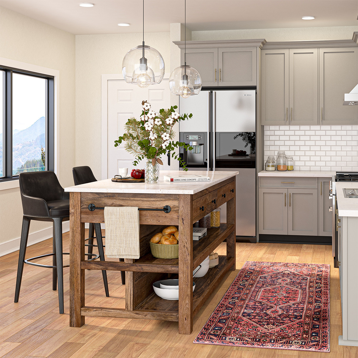 Visalia Modern Rustic 4 Drawer White Marble Top Kitchen Island | Sierra Living Concepts