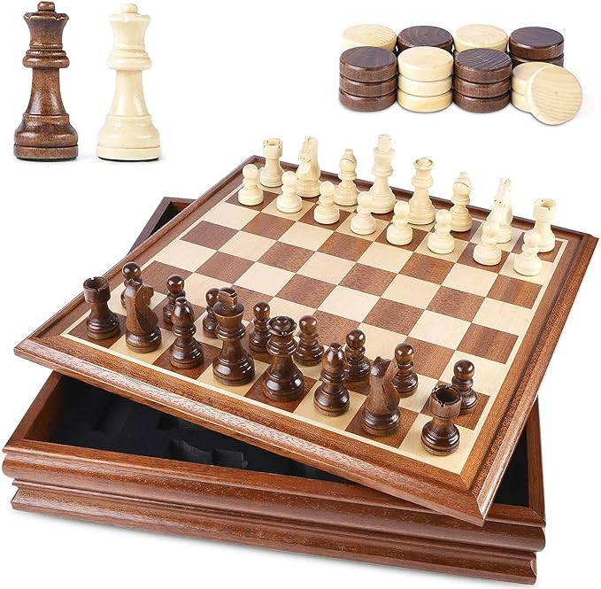 VAMSLOVE Chess and Checkers Board Game Sets for Adults Wooden Deluxe 15 inch Wood Board Box with ... | Amazon (US)