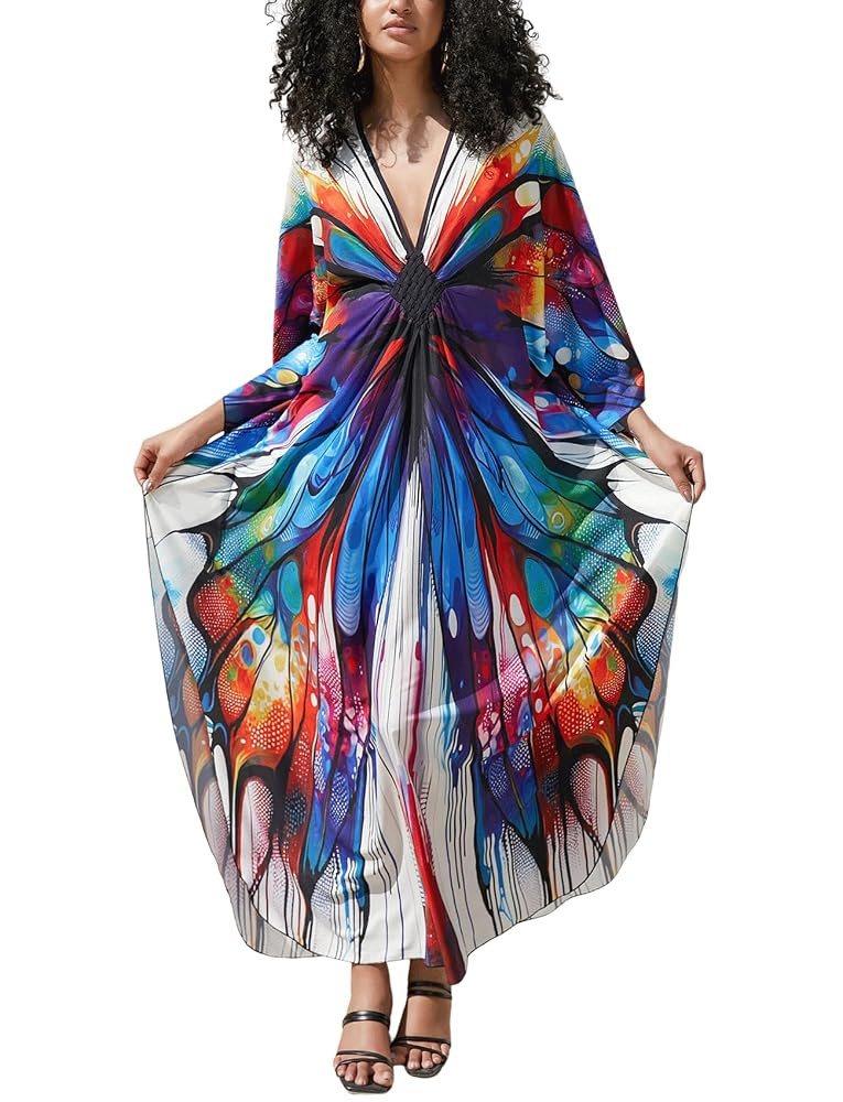 Kaftan Dress for Swimwear Women Plus Size Bathing Suit Cover Up Beach Robe | Amazon (US)