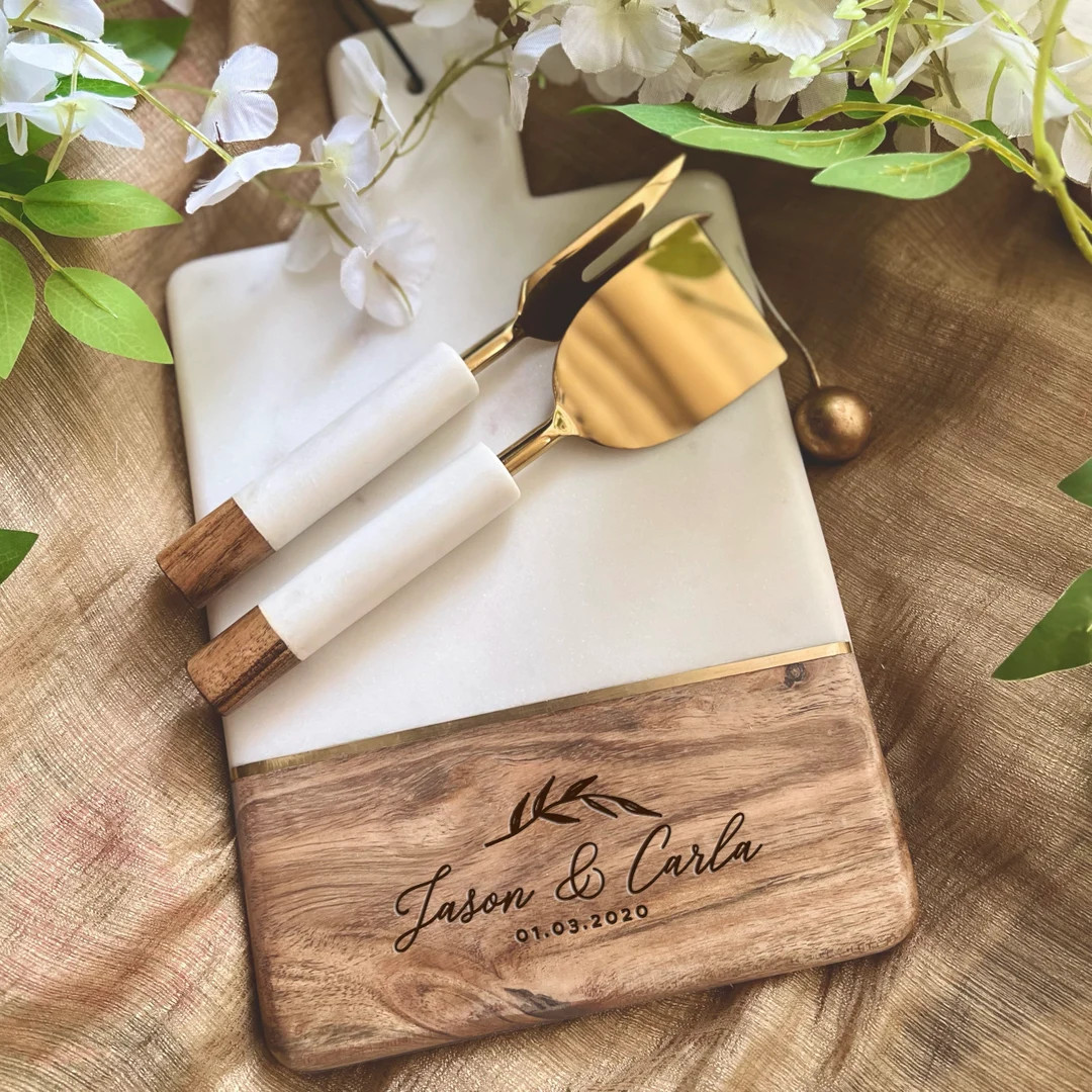 Personalized Marble Wood Cutting Board With Coaster, Wedding Gift, Custom Name Cutting Board, Eng... | Etsy (US)