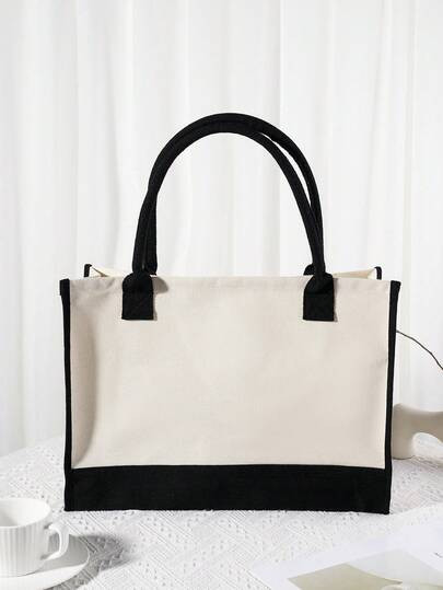 Letter Detail Tote Bag, Women's Simple Canvas Handbag Large Versatile Shopping Bag School Bag For... | SHEIN