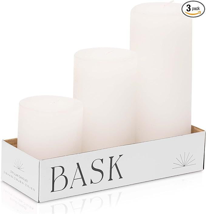 BASK Mottled Pillar Candles - Unscented White Pillar Candles Set of 3 - Dripless Large Candles Pi... | Amazon (US)