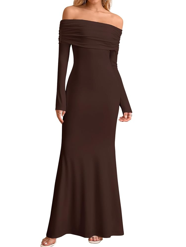 KUTUMAI Elegant Off Shoulder Long Sleeve Maxi Dresses for Women Fall Bodycon Fishtail Formal Wedd... | Amazon (US)