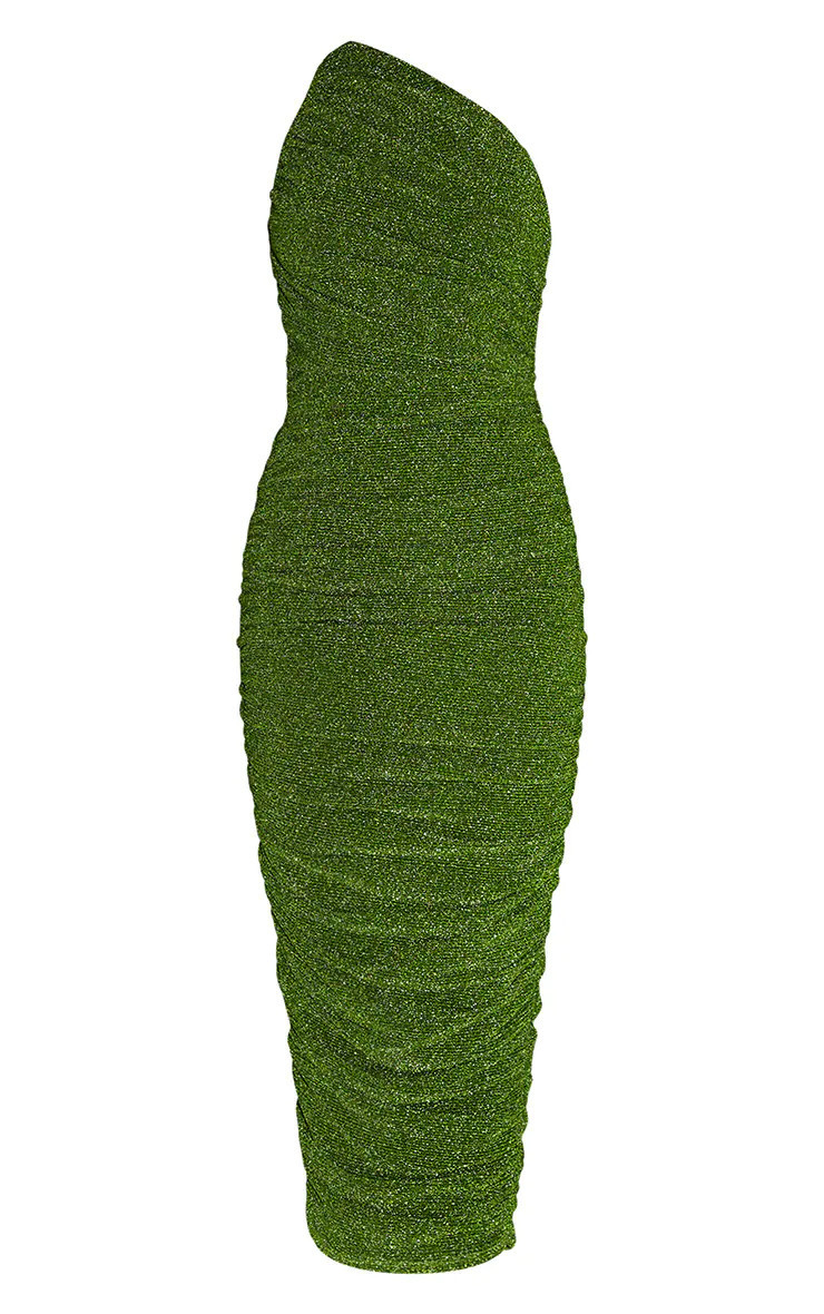 Green Glitter Plisse Ruched One Shoulder Midi Dress | PrettyLittleThing US