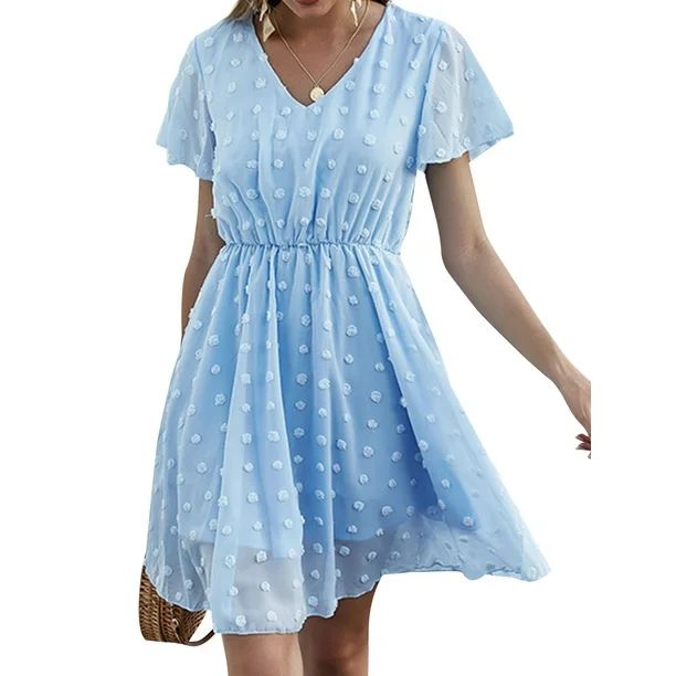 ZXZY Women Crochet Dots High Waist Short Sleeve V Neck Beach Mini Dress | Walmart (US)