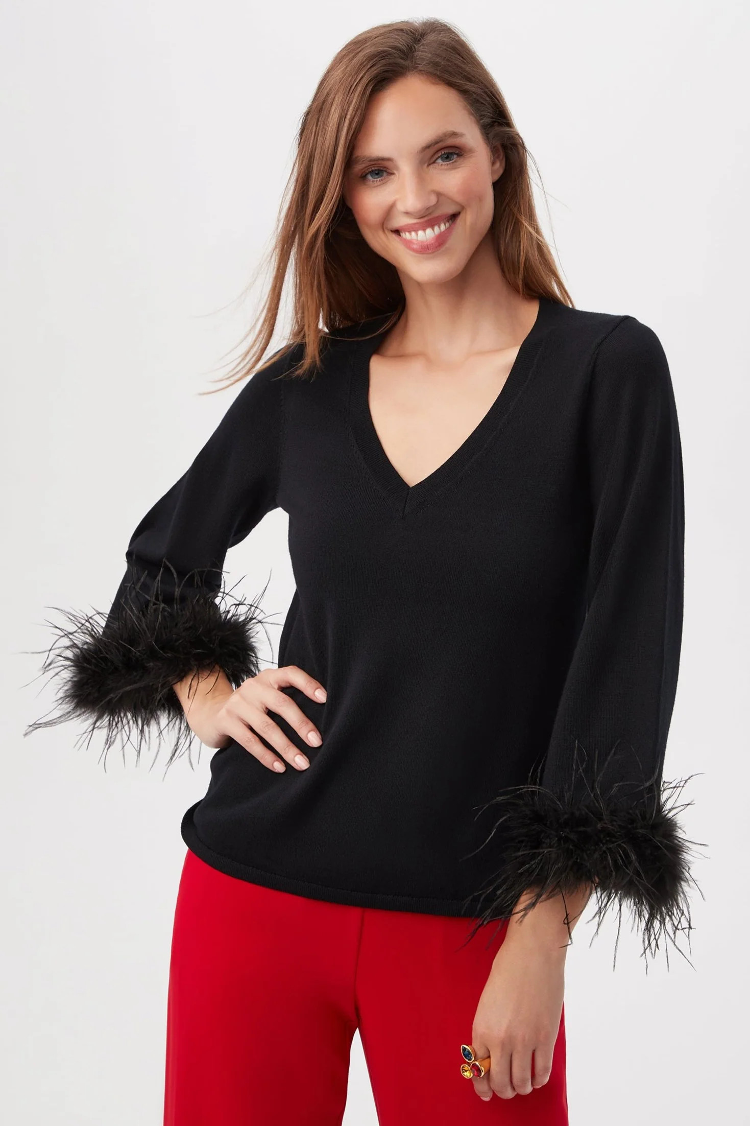 Sassy Merino Wool Feather Trimmed Sweater | Trina Turk