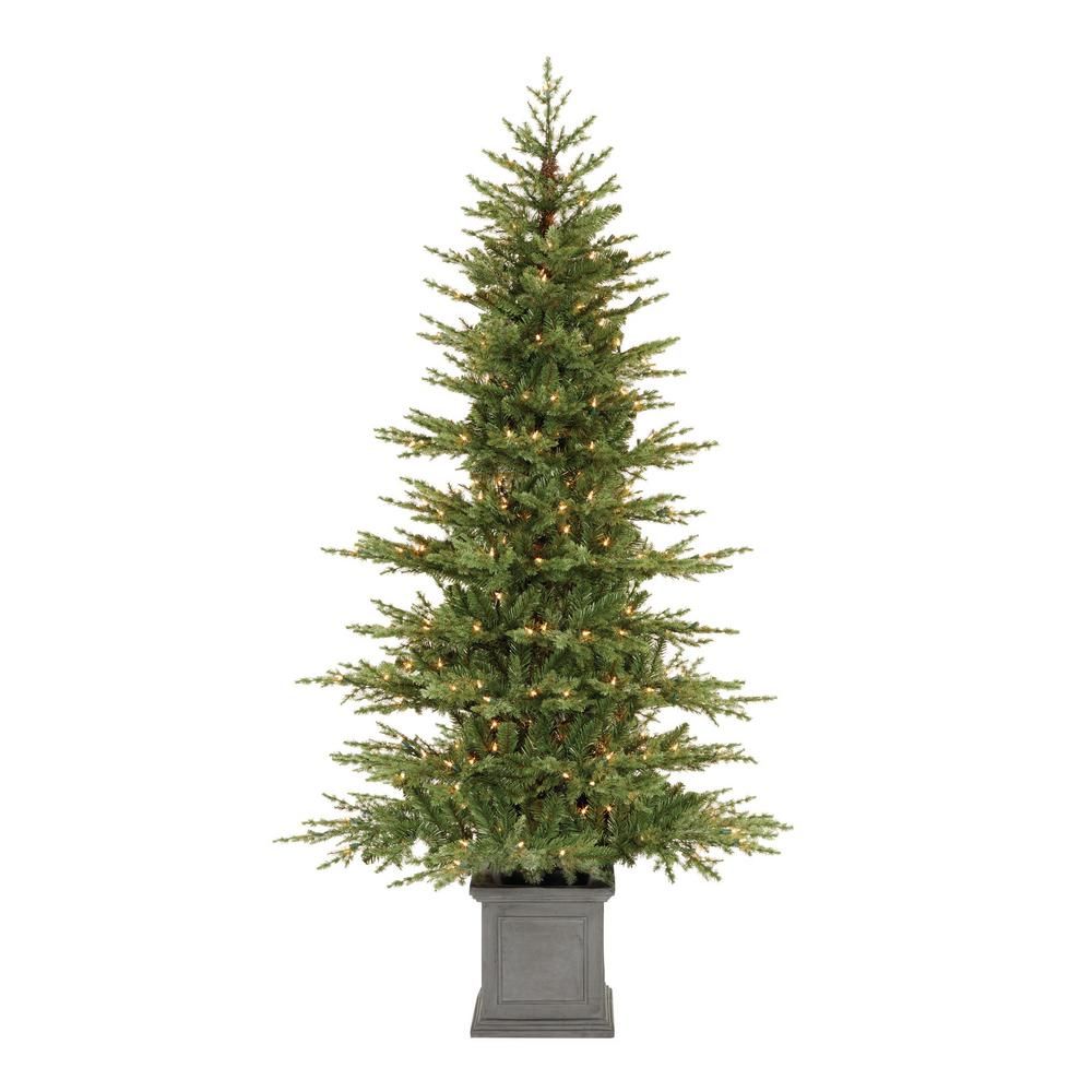 Home Accents Holiday 6.5 ft Winwood Grand Fir Potted Pre-Lit Artificial Christmas Tree with 300 W... | The Home Depot