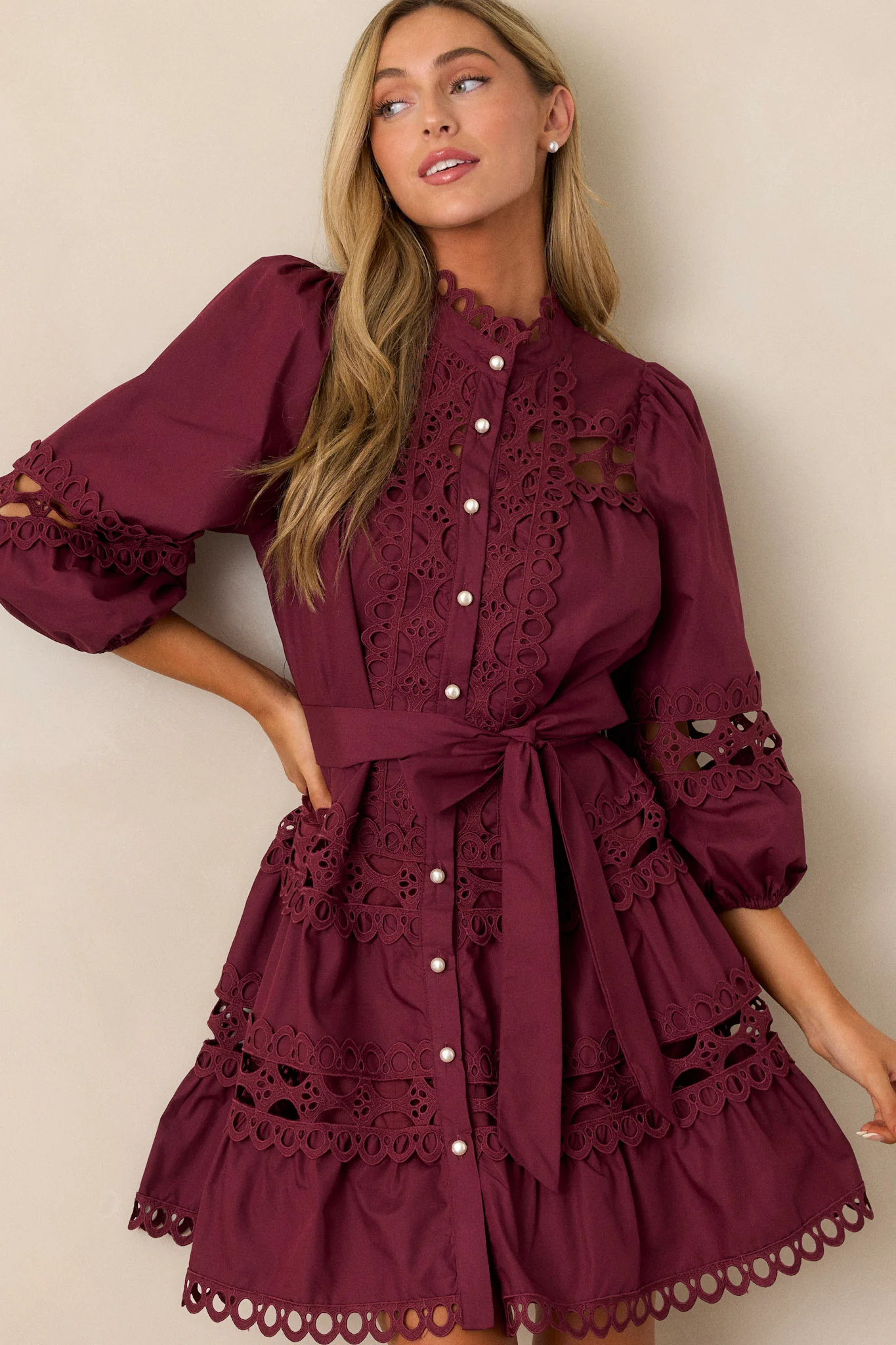 Far From Over 100% Cotton Plum Eyelet Mini Dress | Red Dress