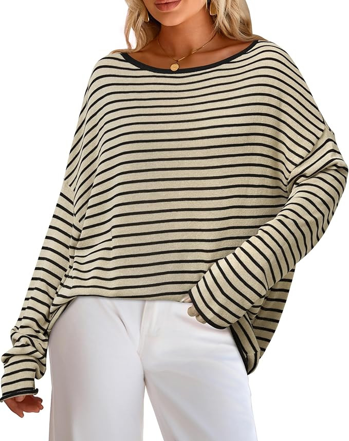 Arach&Cloz Women's Linen Blend Beach Vacation Spring Striped Casual Off Shoulder Oversized Sweate... | Amazon (US)