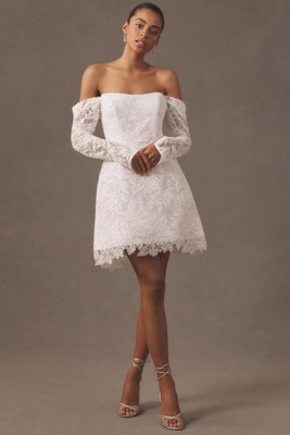 Anne Barge XOXO Off-The-Shoulder Embellished Lace A-Line Mini Dress | Anthropologie (US)