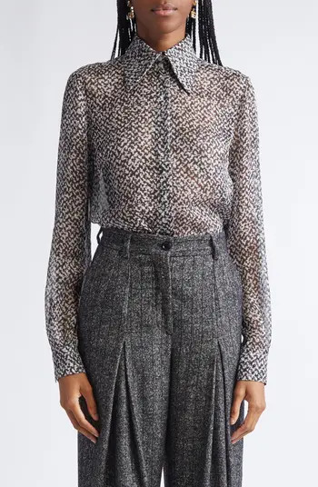 Bouclé Print Silk Chiffon Button-Up Shirt | Nordstrom