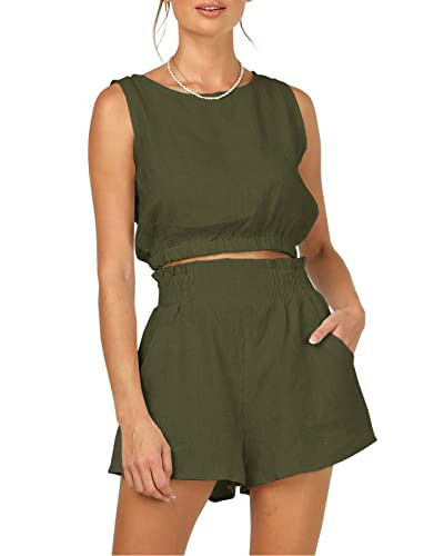 Trendy Queen Womens Summer 2 Piece Outfits two piece Sets Matching Sleeveless Tank Top High Waisted Shorts with Pockets ArmyGreen S | Amazon (US)