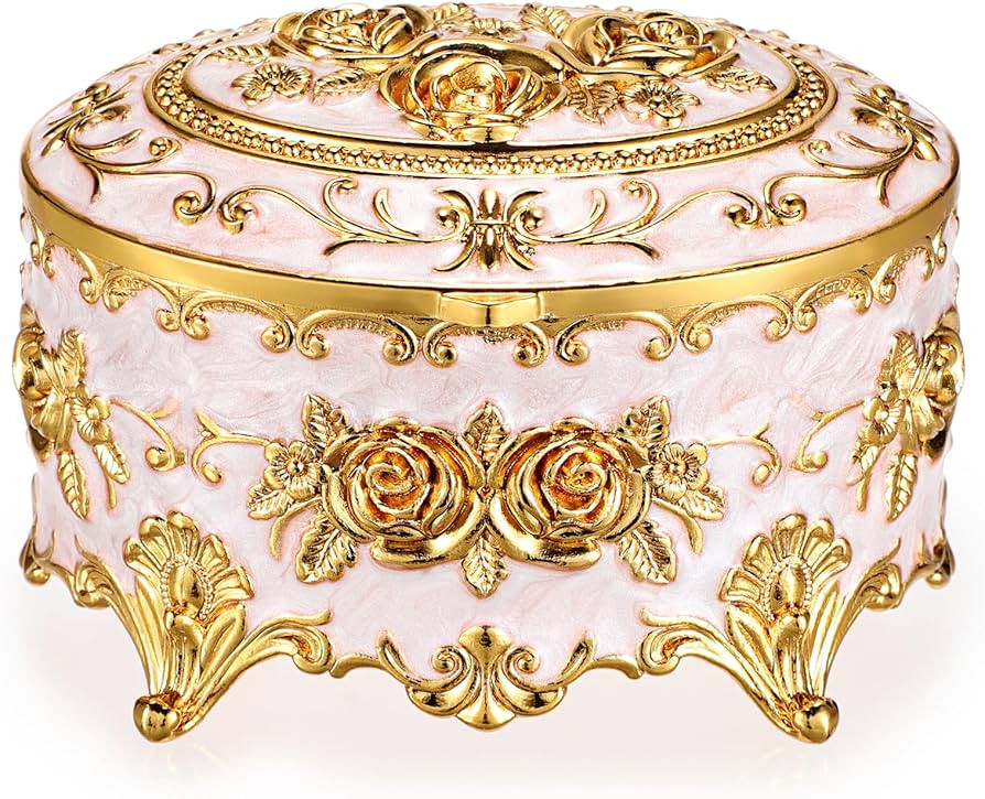 Hipiwe Vintage Metal Jewelry Box - Oval Trinket Organizer Ring Box Case with Rose Pattern Jewelry... | Amazon (US)