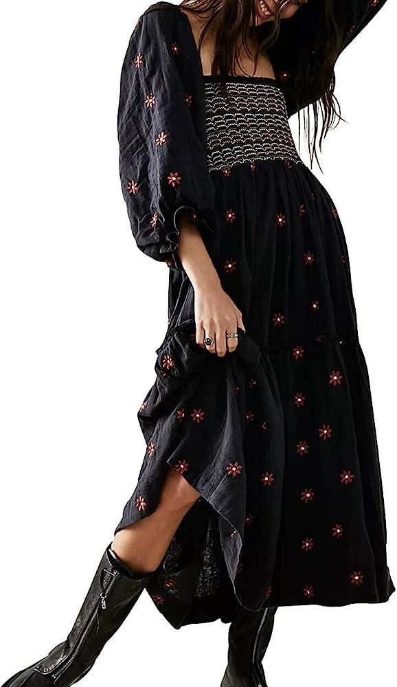 Dahlia Embroidered Maxi Dress for Women Free dupes People Long Balloon Sleeves and Smocked Waistl... | Amazon (US)