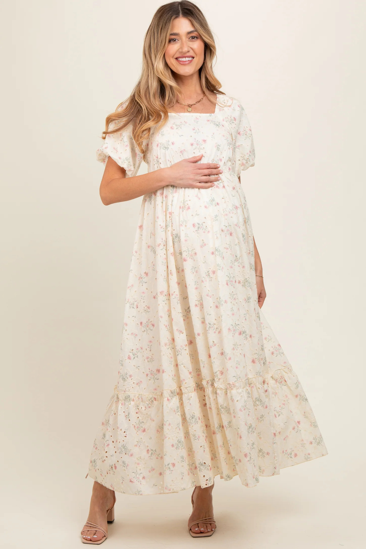 Ivory Floral Eyelet Puff Sleeve Maternity Maxi Dress | PinkBlush Maternity