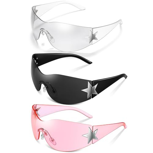 3 Pairs Y2K Sunglasses for Women Men, Trendy Shield Wrap Around Sun Glasses, Rimless Star Sunglasses, Oversized Fashion Frameless Sun Glasses Cycling Driving Shopping Outdoor Black, Pink, Transparent | Amazon (US)