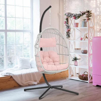 Brafabhome Patio Hanging Egg Chair with Stand, Wicker Swing Egg Chair with Cushions for Outdoor Indoor Bedroom Garden | Pink | Target