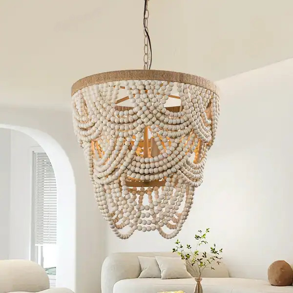 Bohemia 4-Light Off-white Adjustable Distressed Beaded Pendant Chandelier - 19.7-in W x 21.7-in H... | Bed Bath & Beyond