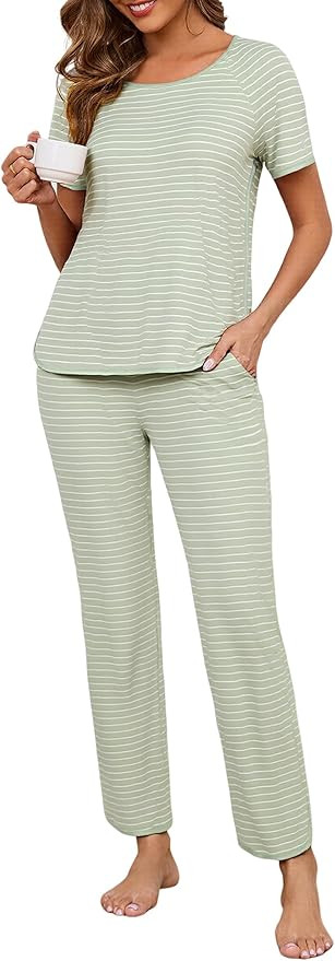 Womens Pajama Sets Cotton 2 Piece Lounge Set Stripe Short Sleeve Pj Set Comfy Loungewear Sleepwea... | Amazon (US)