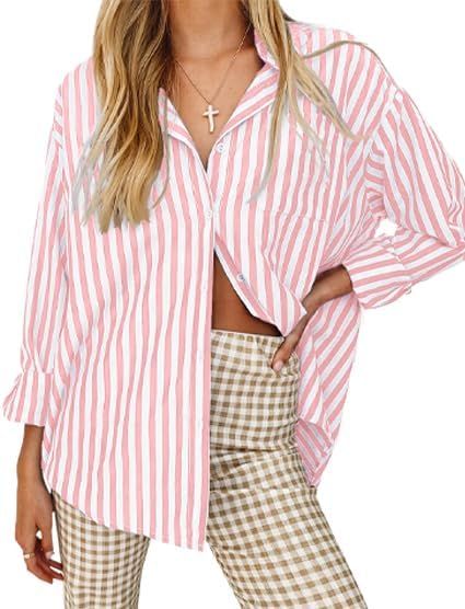 thefabland Women's Blouses Striped Long Sleeve Shirts Button Down Loose Fit Casual Tops | Amazon (US)