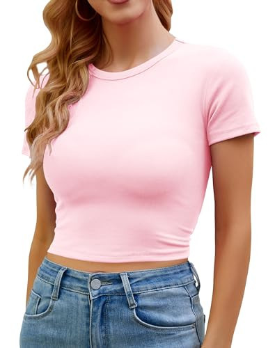 Artfish Women's Basic Teen Tee Workout Crewneck Short Sleeve Slim Fitted Casual Crop Top (Pink, XS) | Amazon (US)