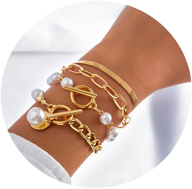 FUTIMELY Gold Chain Link Bracelet Set for Women 14K Gold Plated Snake Pearl CZ Portrait Bracelet ... | Amazon (US)