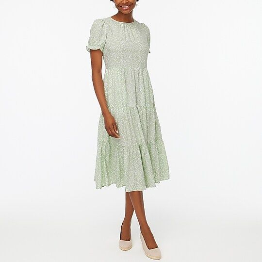 Floral puff-sleeve tiered midi dress | J.Crew Factory