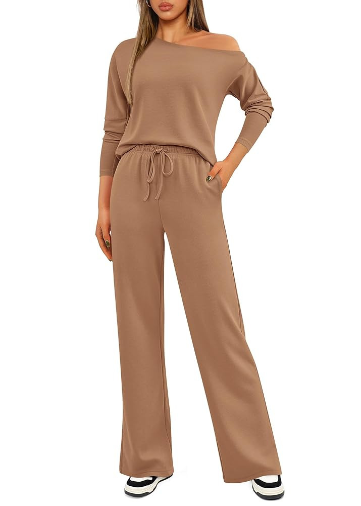 KIRUNDO Womens Fall 2 Piece Outfits 2024 Long Sleeve Off Shoulder Tops & Drawstring Wide Leg Pant... | Amazon (CA)