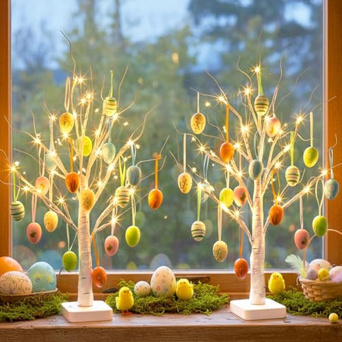EAMBRITE Easter Decorations, Easter Egg Tree with 36 pcs Eggs Ornaments, Lighted White Birch Tree with Timer Battery Powered, for Home Tabletop Centerpiece Spring Indoor Decorations (2 Pack 24 LED) | Amazon (US)