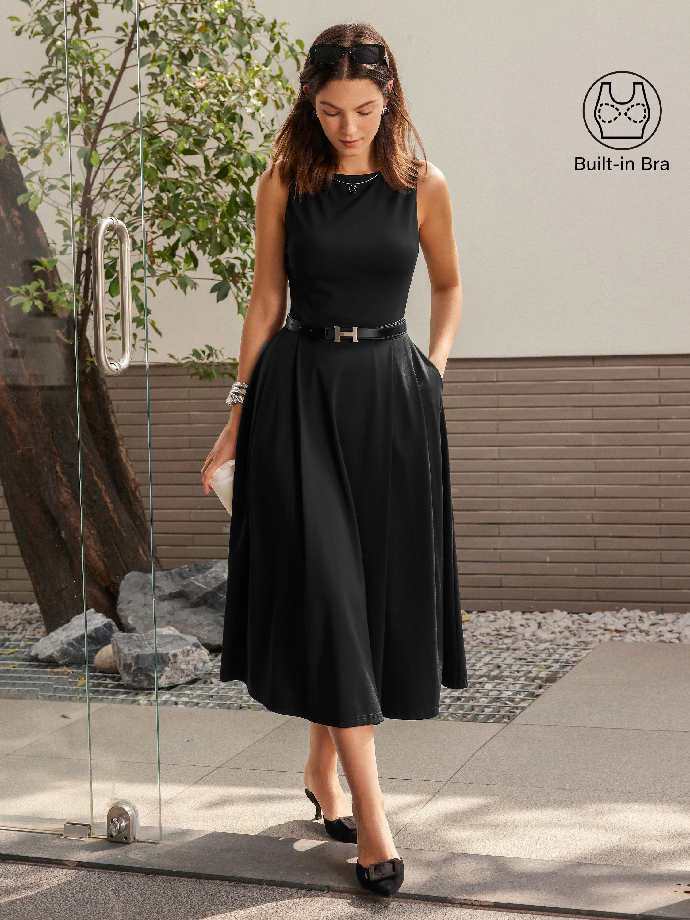 Boatneck Bamboo Ponte Brami Midi Dress with Pockets | OGLmove