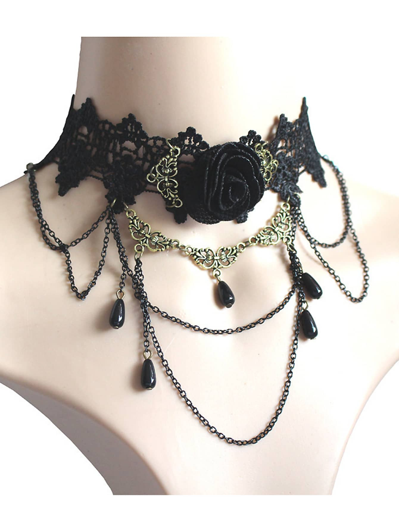1pc Women's Black Rose Flower Tassel Decor Water Drop Shaped Choker Necklace, Suitable For Daily ... | SHEIN