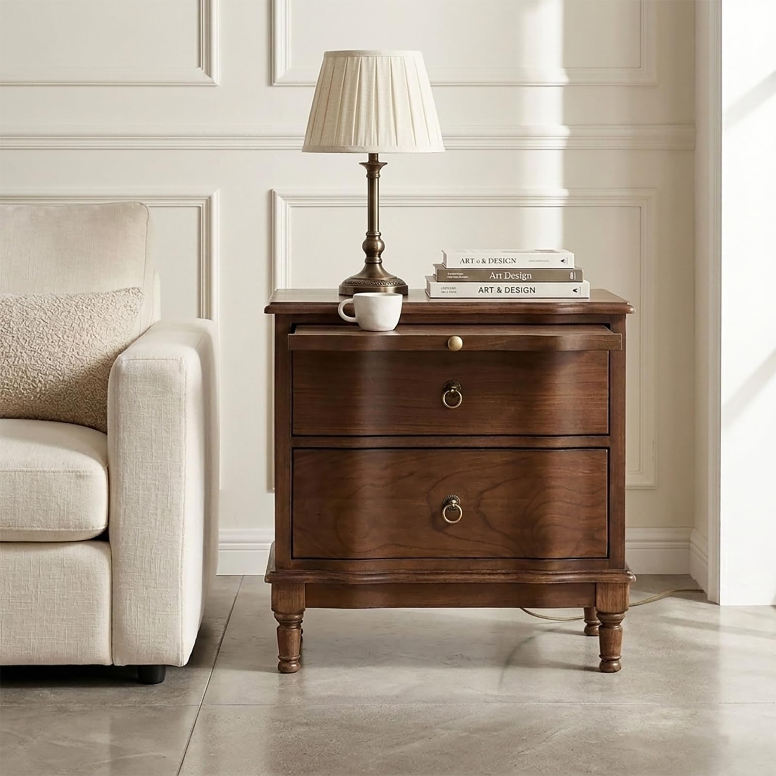 HULALA HOME Solid Wood Storage End Table with Hidden Pull-Out Shelf, Transitional 2 Drawer Side Table with Charging Station, Large SideTable with USB Ports, Easy Assembly, Walnut | Amazon (US)