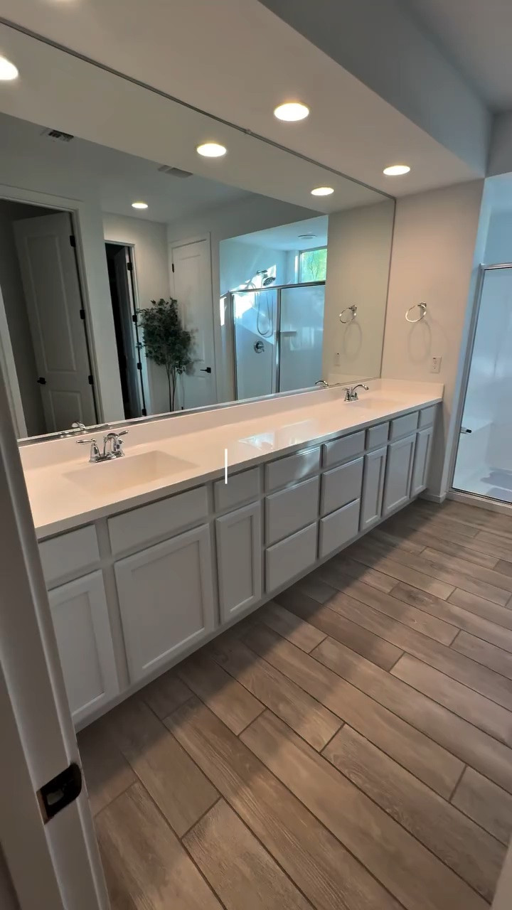 I cannot believe this is my home!!! When we built our home, we did very few upgrades for several reasons. First, cost. We wanted the lowest mortgage possible! Second, the builder didn’t offer a ton of options. So we decided to move in with few upgrades, and save money to do them later. BEST decision ever!!

I sent @sentenachouseinteriors my Pinterest board and she literally blew me away with her renderings! I told her I wanted my bathroom to feel like a spa, and boy, is that what we got.

I almost didn’t change the floors or linen closet and I’m SO glad I did!! The linen closet doors are @steelandstonellc and they totally completed the space!! Our vanity is custom from @burdettecabinetco and our contractor is @three_plusme_ . I cannot recommend any of them enough!! By the way, they all did this space in record time in anticipation of us having a baby. It’s taken me a while to share, with small finishing touches - but I love this space so much and am so grateful we could do it!!

If you’re looking for custom doors, @steelandstonellc offered 15% off of a custom project if you mention me. 🤍

Bathroom renovation, home inspiration, bathroom Reno, house updates