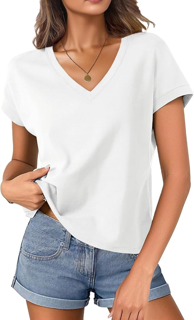 Womens Cap Sleeve Tops Cropped T Shirts Cotton V Neck Boxy Loose Fit Tee Short Sleeves Summer Fas... | Amazon (US)