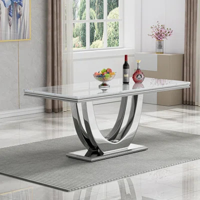 68" White Marble Dining Table, Luxurious Marble Table Dining with 0.71" Thick Printed Marble Tabletop and Stainless Steel Pedestal, Modern Kitchen Din | Wayfair North America
