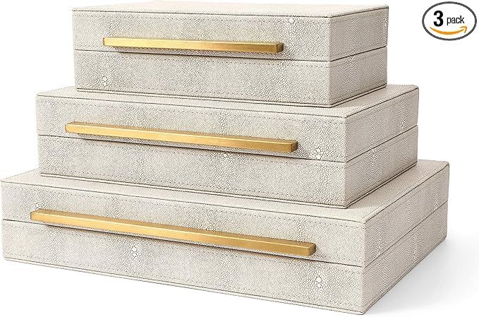 Kingflux Faux Ivory Shagreen Leather Set of 3 Pcs Decorative Boxes, Storage Boxes Jewelry Organiz... | Amazon (US)