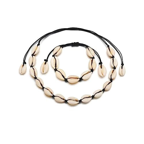 Rrdaily 2Pcs Natural Shell Choker Necklace Bracelet Set for Women,Handmade Adjustable Conch Necklace Bracelet Beach Jewelry Gift (Black) | Amazon (US)