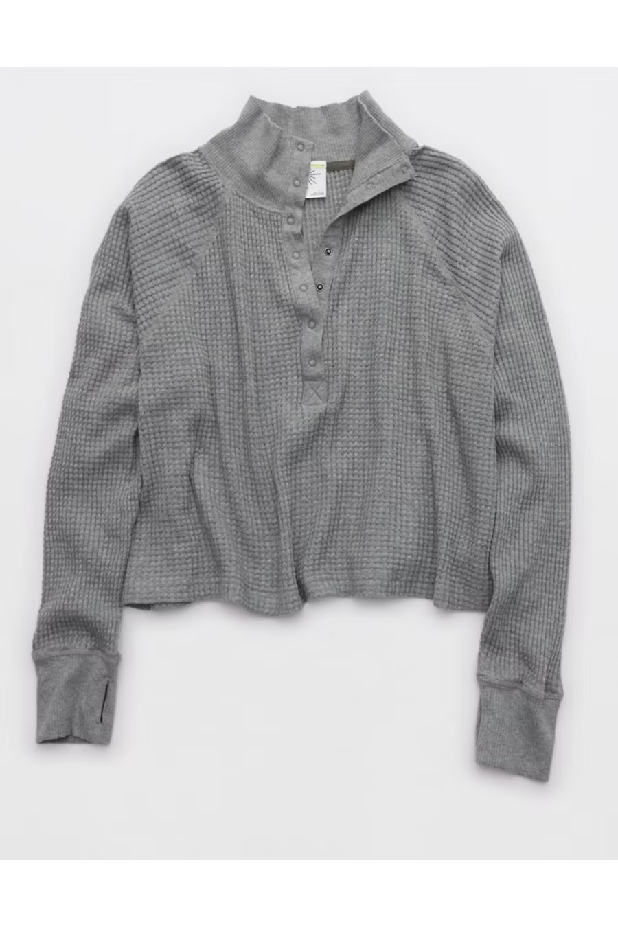OFFLINE By Aerie Wow! Waffle Mockneck Henley Long Sleeve T-Shirt Women's Dark Heather Gray XXS | American Eagle Outfitters (US & CA)