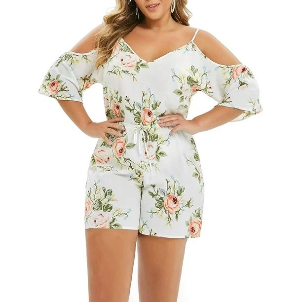 Sexy Dance Womens Summer Plus Size Jumpsuits Off Shoulder Drawstring Waistband Shorts Rompers wit... | Walmart (US)