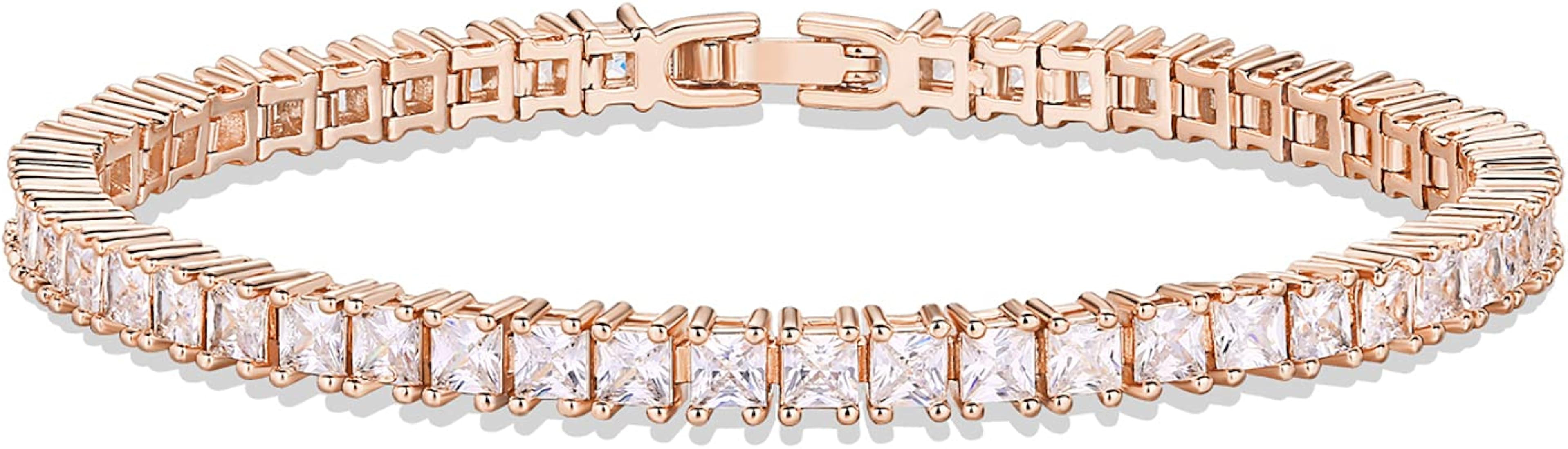 PAVOI 14K Gold Plated Princess Cut Cubic Zirconia Classic Tennis Bracelet | Gold Bracelets for Wo... | Amazon (US)