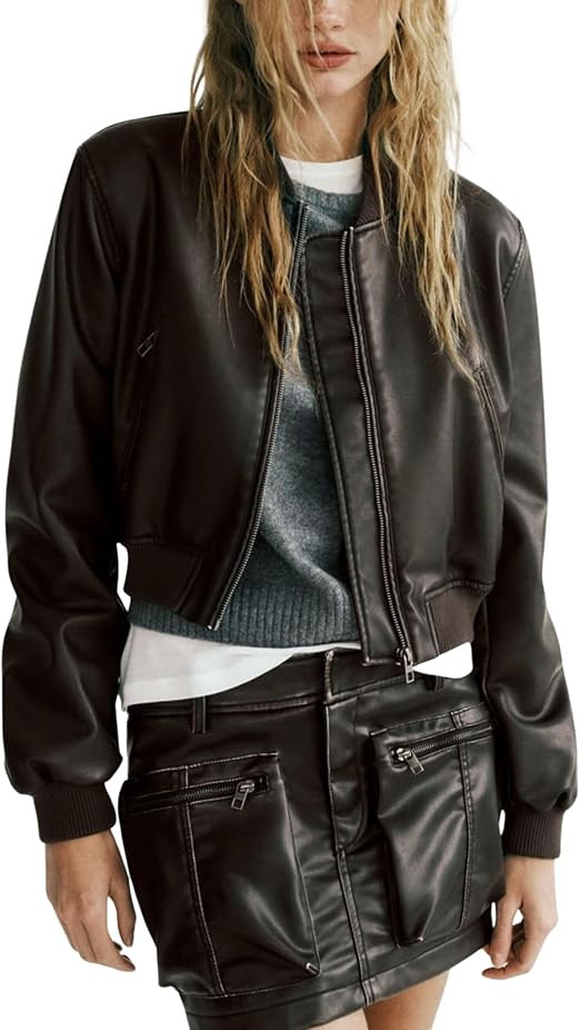 Mundoven Women's Faux Leather Jacket Casual Zip Up Cropped Bomber Motorcycle Jackets with Pockets | Amazon (US)