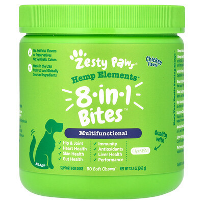 Zesty Paws, Hemp Elements™, 8-in-1 Bites, For Dogs, All Ages, Chicken, 90 Soft Chews, 12.7 oz (360 g) | iHerb