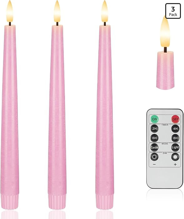Pink Flameless Taper Candles, 9.6" Battery Operated Candles with Remote, Real Wax Led Candle, Fli... | Amazon (US)
