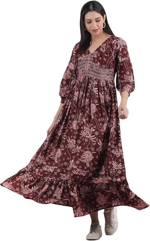 Arayna Women's Casual Long Maxi Dress for Summer Wear, Urban Bohemian Floral Printed V Neck Smock... | Amazon (US)