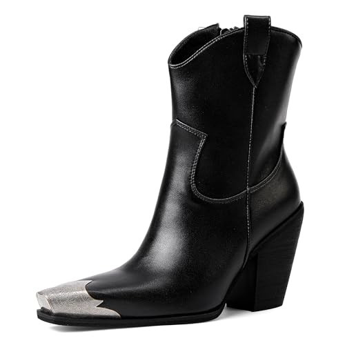 HoanTiai Cowboy Ankle Boots for Women Engraved Steel Toe Cowgirl Boots Stacked Block Heels Short Cowboy Boot Fashion Dressy Western Country Booties | Amazon (US)