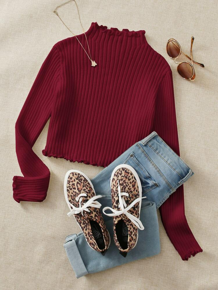 Maglione a costine con bordo a lattuga | SHEIN