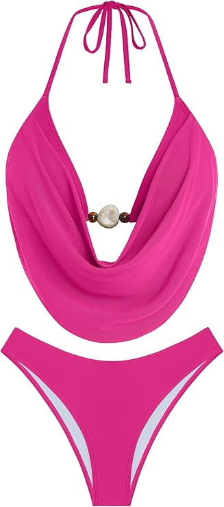 ZAFUL Women's Two Piece Bikini Sets Triangle Halter Swimsuit Deep V Cowl Neck Ruching Bathing Sui... | Amazon (US)